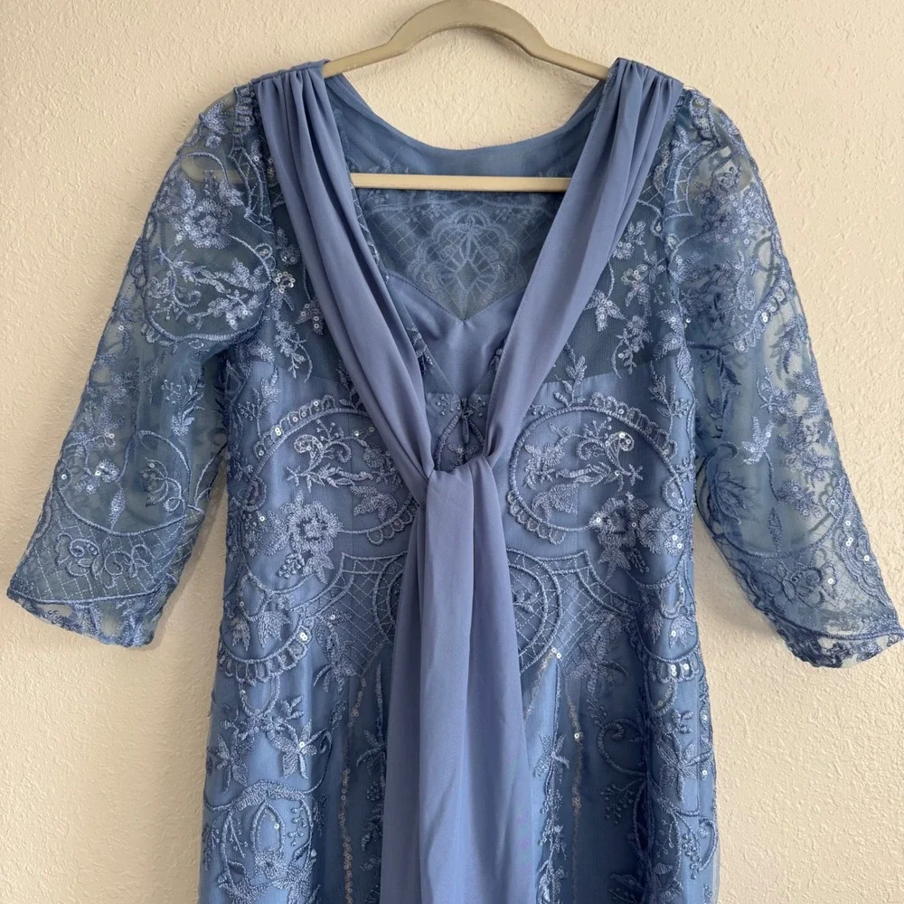 NWT JJ's House Jostelle Slate Blue Sequin Sheath Dress Cowl Neck Back Sash 12